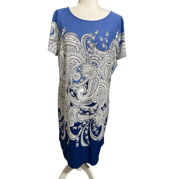 Talbots Effortless Jersey Shift Paisley Blue and White Midi Dress Size 1XP - Picture 6 of 10